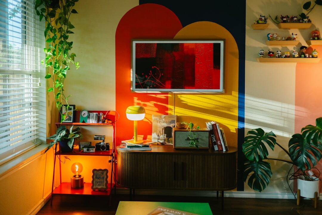 Vintage television glowing in a dim retro living room